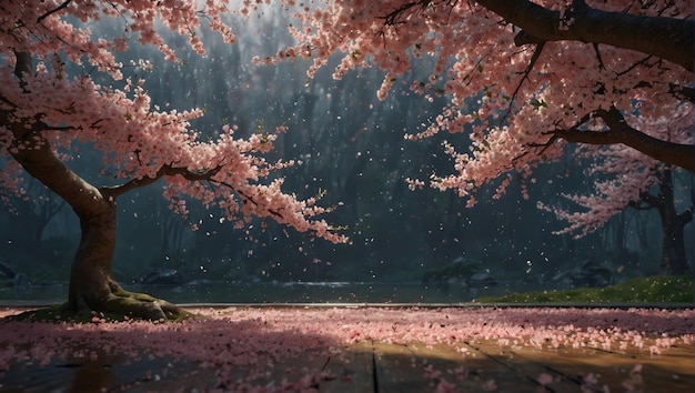 un albero di fiori di ciliegio è in fiore con un fiume sullo sfondo