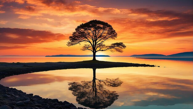 Un albero di fronte a un tramonto sopra un lago