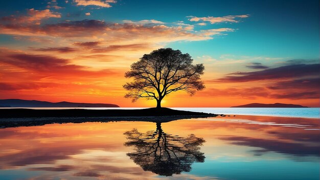 Un albero di fronte a un tramonto sopra un lago