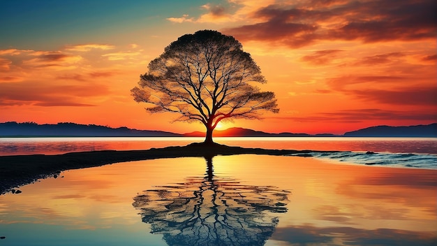 Un albero di fronte a un tramonto sopra un lago