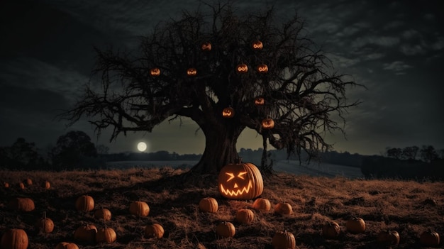 Un albero di Halloween con zucche in primo piano e una luna piena sullo sfondo.