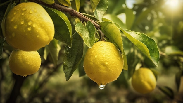 Un albero di limone con gocce d'acqua su di esso