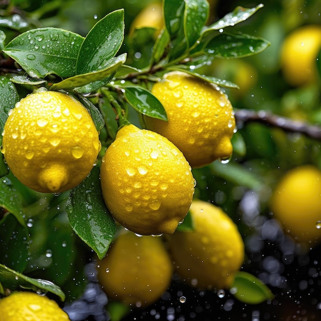 Un albero di limone con gocce d'acqua su di esso