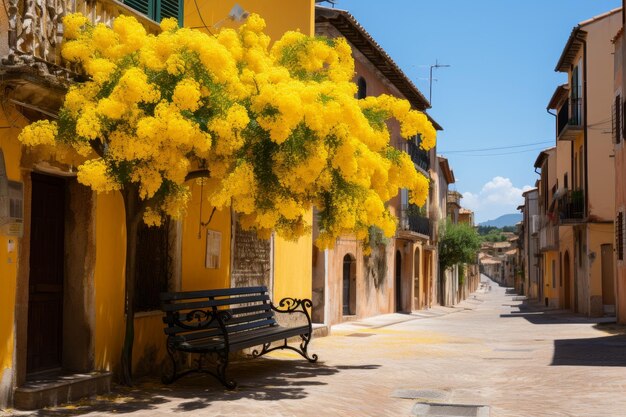 Un albero di mimosa giallo vibrante nelle affascinanti strade della storica Roma, in Italia, in una giornata di sole