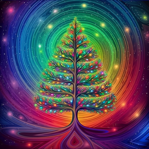 Un albero di Natale colorato con uno sfondo arcobaleno.