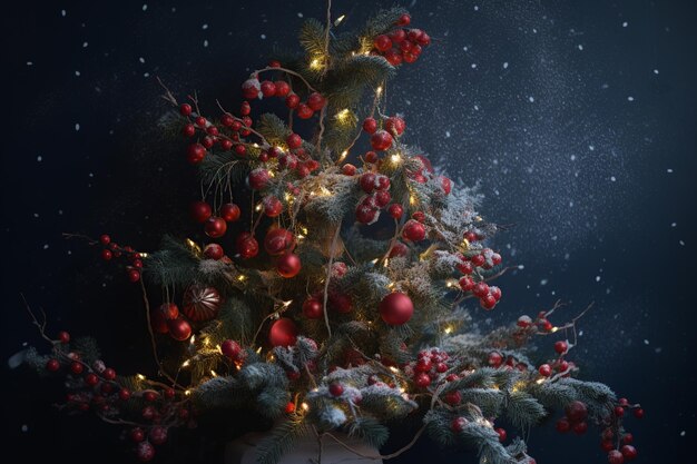 Un albero di Natale con bacche rosse e luci bianche