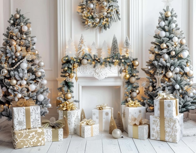 un albero di Natale con decorazioni d'oro e d'argento in una stanza con un camino