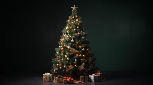 Un albero di Natale con luci e regali sul pavimento
