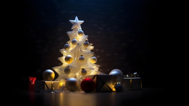 Un albero di Natale con luci e un albero di Natale sullo sfondo