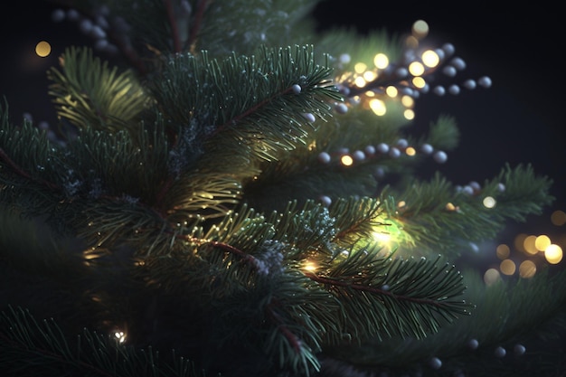 Un albero di Natale con luci e uno sfondo nero