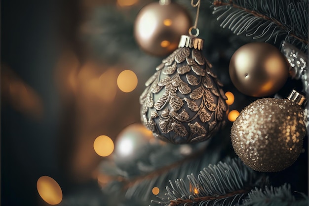 Un albero di Natale con ornamenti d'oro e luci