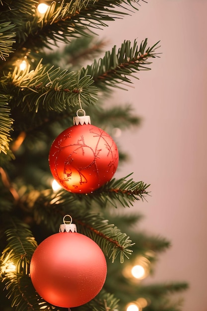 Un albero di Natale con ornamenti rossi che pendono da esso.