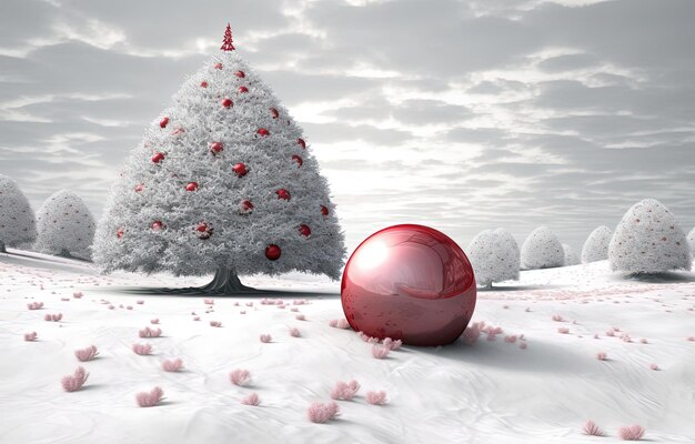 un albero di natale con palline rosse e neve è nello stile di argento chiaro e bianco