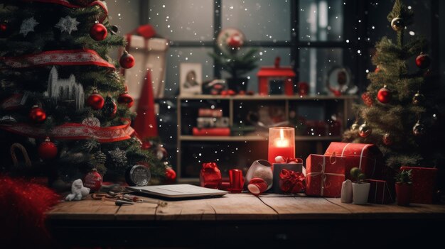 Un albero di Natale con regali e una candela accesa