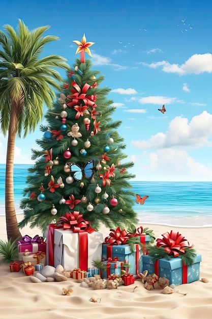 Un albero di Natale con scatole da regalo sull'oceano con palme un viaggio turistico per Natale