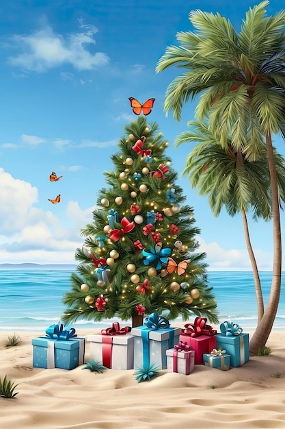 Un albero di Natale con scatole regalo sull'oceano con palme viaggio turistico per Natale e Capodanno