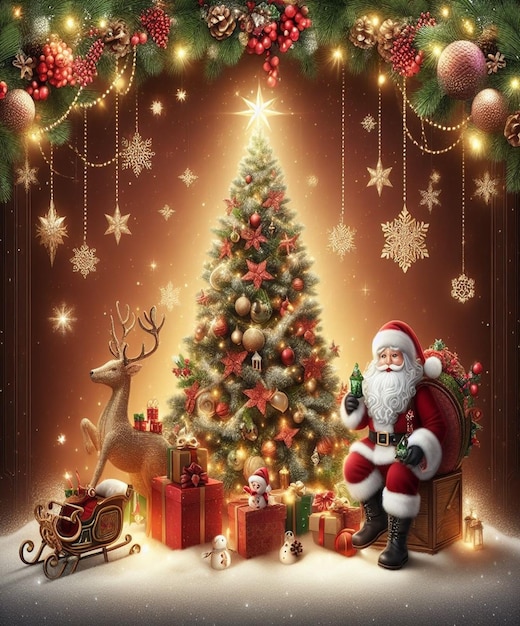 un albero di Natale con un Babbo Natale su di esso