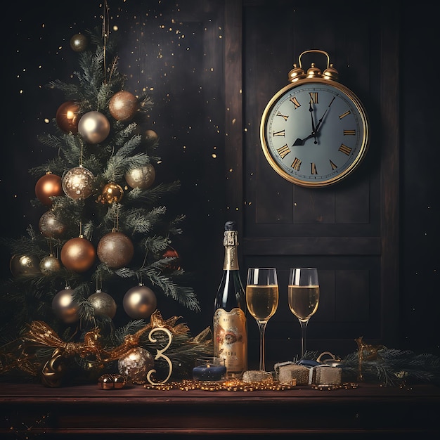 Un albero di Natale con un orologio e una bottiglia di champagne