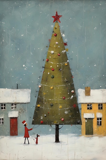 un albero di Natale con una casa e una casa sullo sfondo.