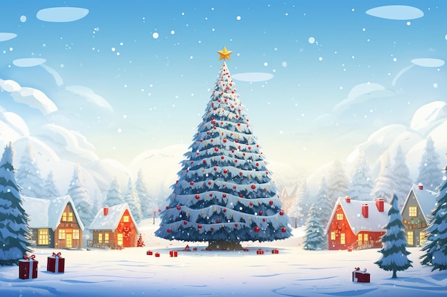 un albero di Natale con una casa sullo sfondo
