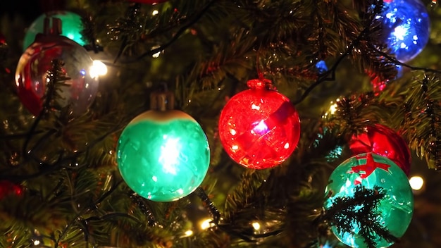 Un albero di Natale con una palla di vetro verde e rossa al centro