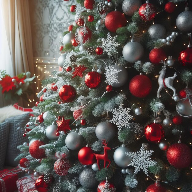 Un albero di Natale decorato con ornamenti rossi e d'argento in un soggiorno con regali sotto