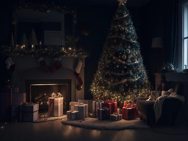 Un albero di Natale decorato e un regalo avvolto sotto di esso in un oscuro salotto di Natale