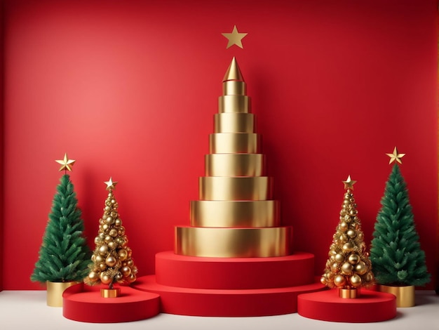 un albero di Natale è di fronte a un muro rosso con una stella su di esso