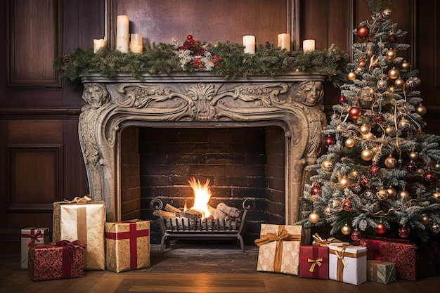 Un albero di Natale generativo e feste presenti sullo sfondo del camino