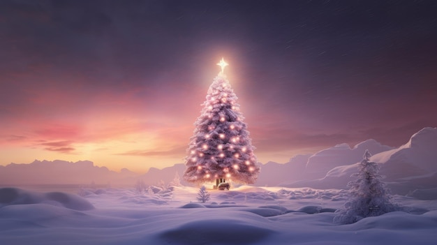 un albero di Natale illuminato nel mezzo di un paesaggio innevato