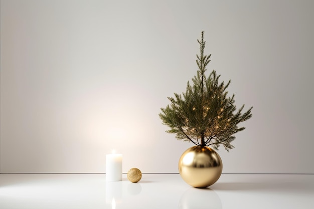 Un albero di Natale in un vaso d'oro accanto