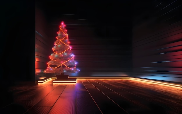 Un albero di Natale in una stanza buia con delle luci accese