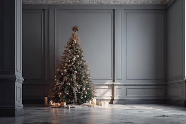 Un albero di Natale in una stanza con pavimento bianco e sfondo blu con una confezione regalo e candele.