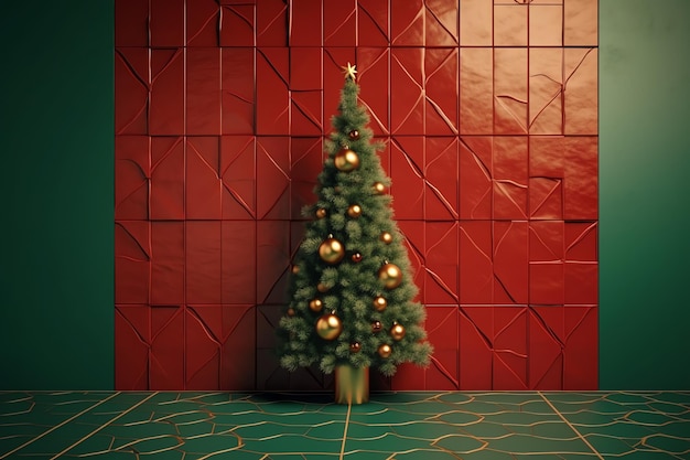 Un albero di Natale in una stanza con piastrelle rosse e uno sfondo rosso.