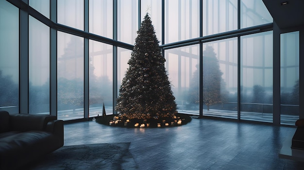 Un albero di Natale in una stanza con una grande finestra e una candela accesa.