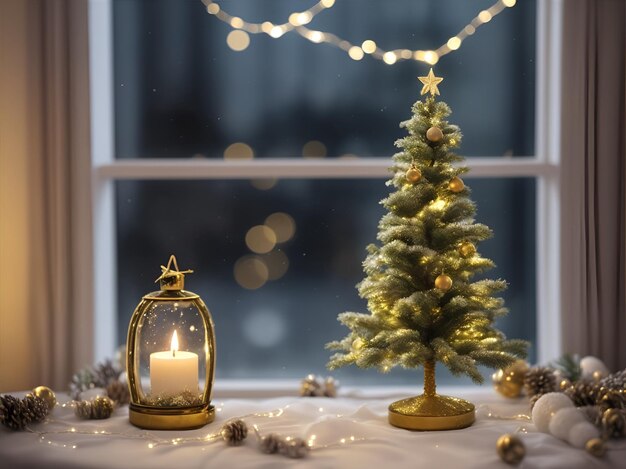 Un albero di Natale nel nuovo anno accogliente interno della casa decorazioni minime della stanza vista finestra ghirlande e