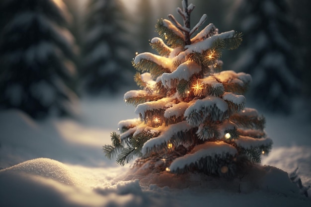 Un albero di Natale nella neve con luci accese
