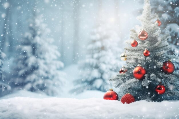 Un albero di Natale nella neve con sopra delle palline rosse