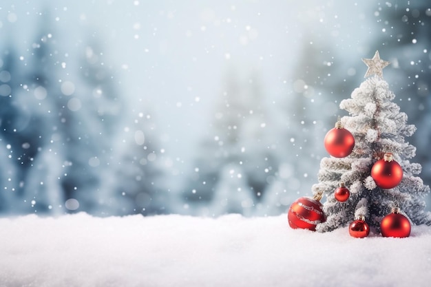 Un albero di Natale nella neve con sopra una palla rossa