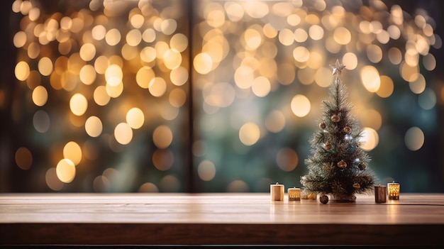 Un albero di Natale si trova su un tavolo con una candela accesa davanti a uno sfondo sfocato di luci bokeh.