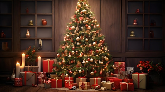 un albero di Natale splendidamente decorato con regali e candele