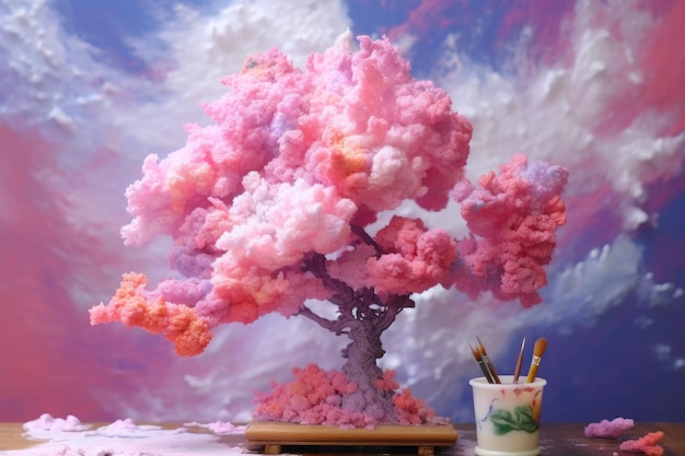 Un albero di nuvole rosa è davanti a una tazza di matite.