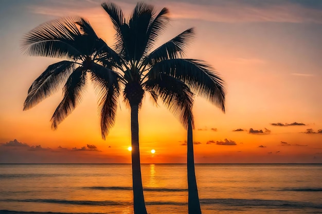 Un albero di palma su una piccola isola con un bellissimo tramonto sullo sfondo