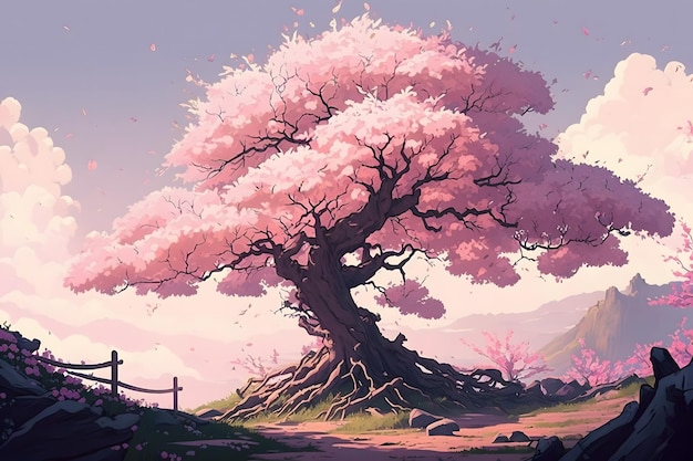 Un albero di sakura con fiori rosa su di esso