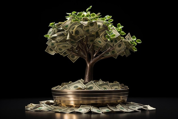 un albero di soldi seduto in cima a un mucchio di soldi