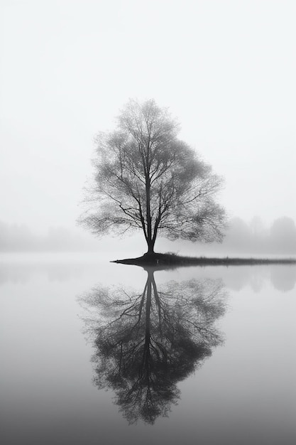 Un albero è al centro di un lago con i suoi rami e le sue foglie.