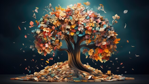 Un albero fatto di libri con foglie colorate e rami pieni di storie