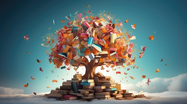 Un albero fatto di libri con foglie colorate e rami pieni di storie