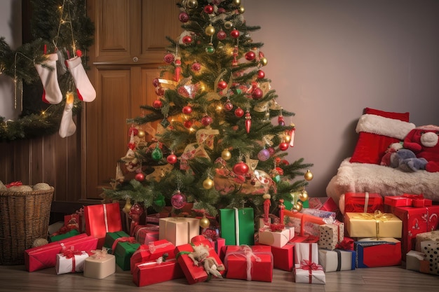 Un albero festivo circondato da regali e calze