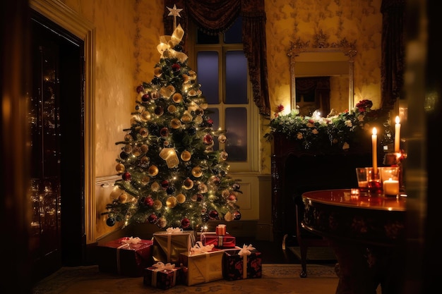 Un albero festivo con regali sotto in una stanza piena di luci calde